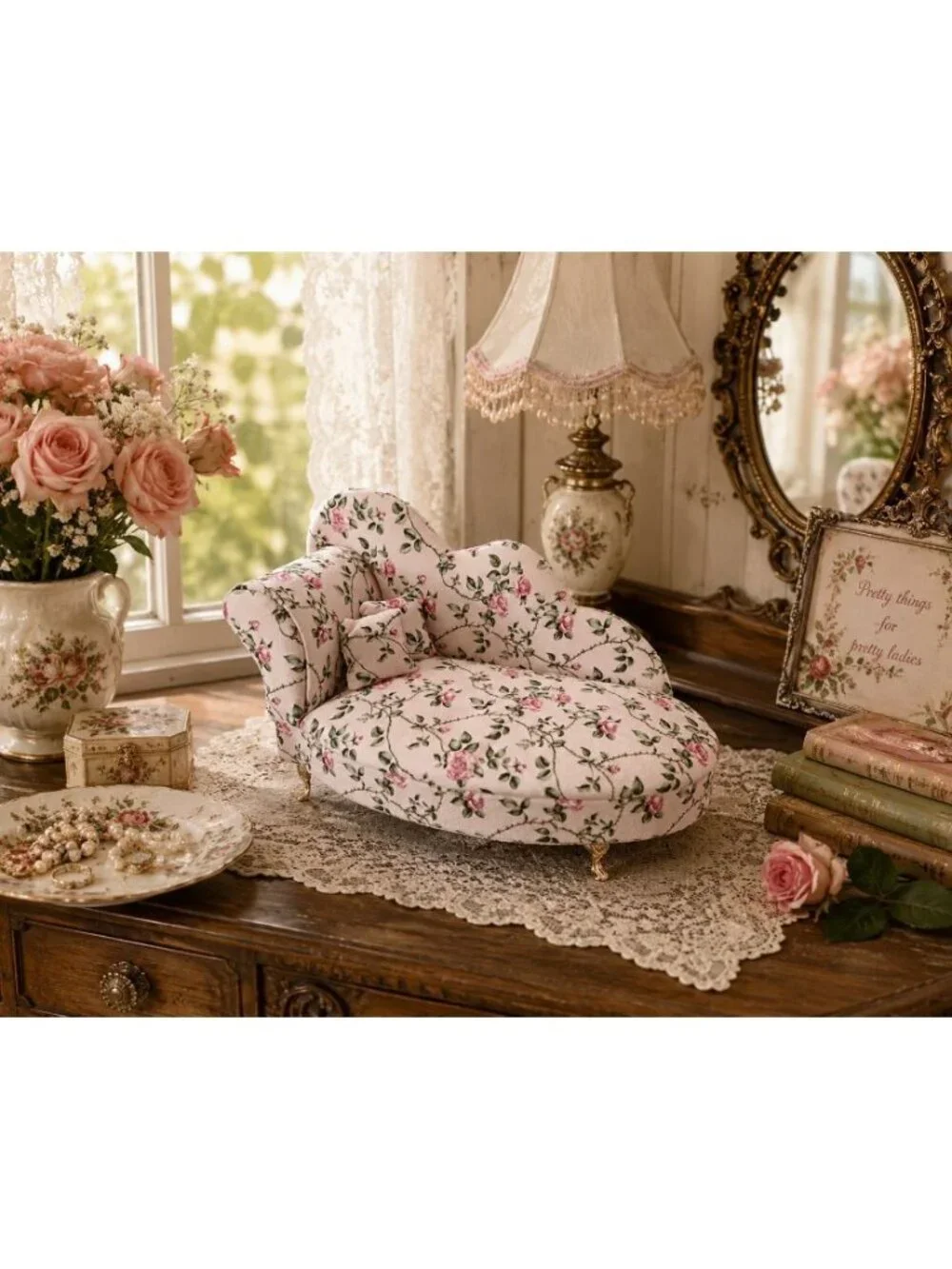 New Pink Roses Victorian Doll Chaise Jewelry Box Organizer Couch Jewelry Box
